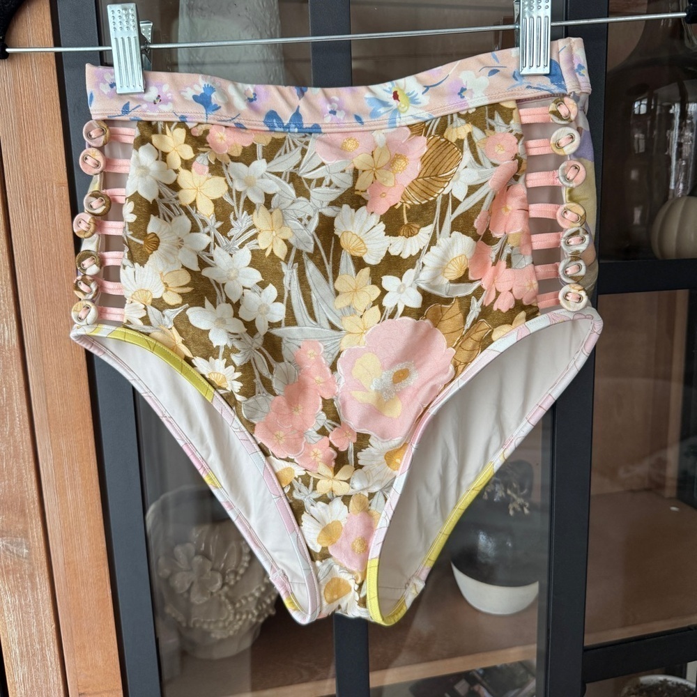 Zimmermann Pop Button High Waisted Bikini Bottoms floral patchwork print swim